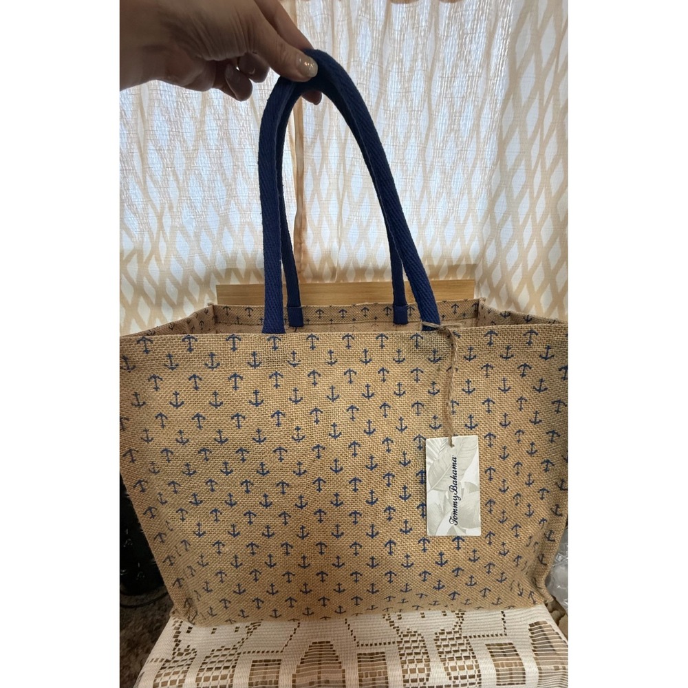 Tommy Bahama Anchor Jute Tote Bag Brown Blue Burlap Reusable Beach Shoulder Bag